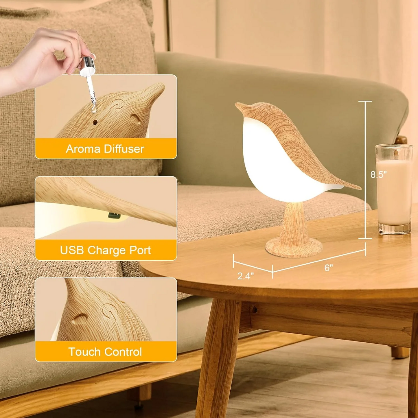 Touch-Control LED Bird Lamp – Soft Warm Light, Rechargeable Night Light for Bedroom or Desk