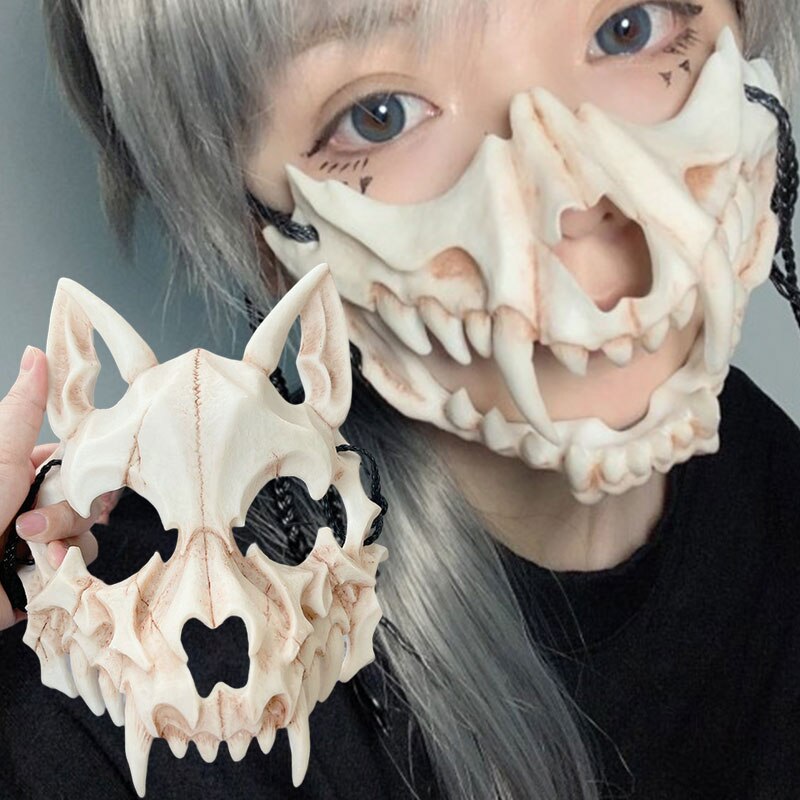 Party Skull Mask Long Teeth Demon Skeleton Half Face Mask Wolf Dragon Tiger Houjuu Nue Mask Cosplay Halloween Costume Props